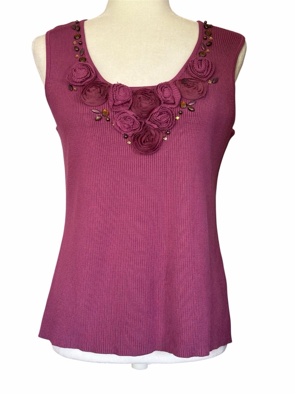 Ruby Rd. Rose-Embellished Scoop Neck Tank - Berry
